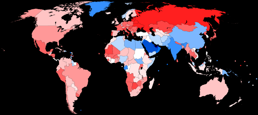 女性が多い国（赤） 男性が多い国（青）